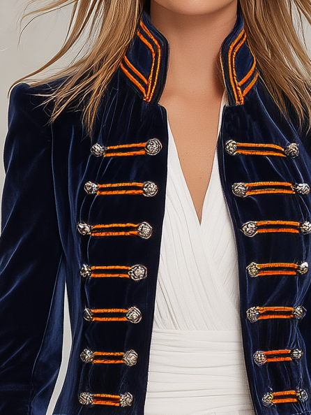 Retro-casual Military-style Color-block Velvet Coat