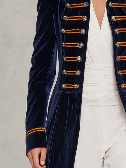 Retro-casual Military-style Color-block Velvet Coat
