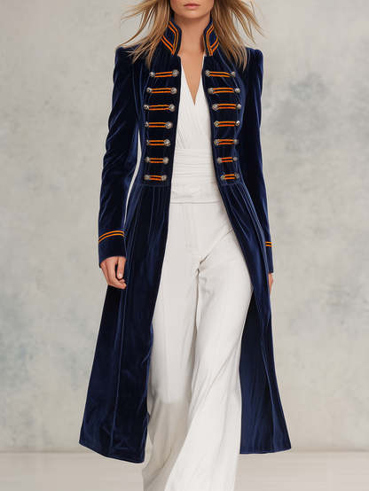 Retro-casual Military-style Color-block Velvet Coat