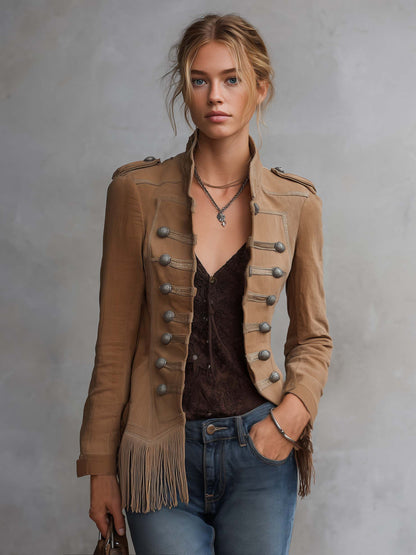 Western Vintage Camel Suede Fringe Hem Military Button Stand Collar Jacket Women