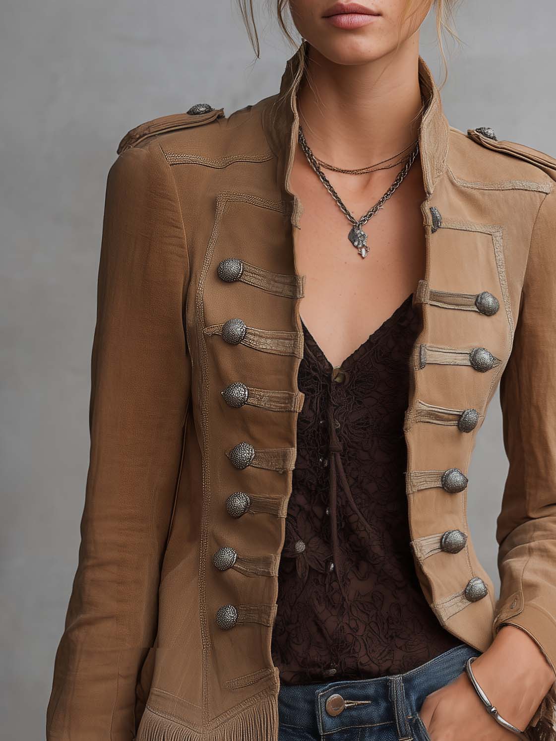 Western Vintage Camel Suede Fringe Hem Military Button Stand Collar Jacket Women