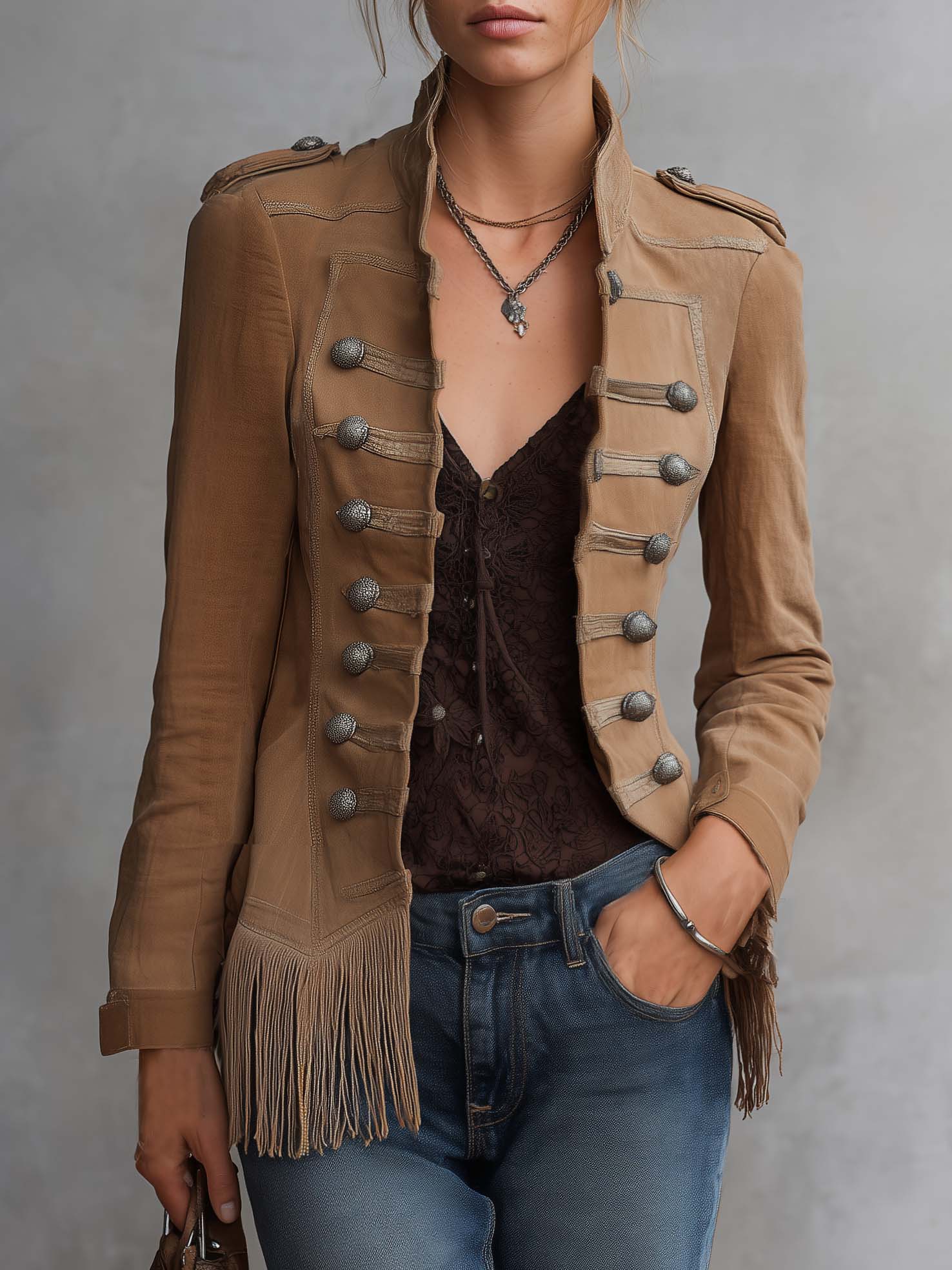 Western Vintage Camel Suede Fringe Hem Military Button Stand Collar Jacket Women