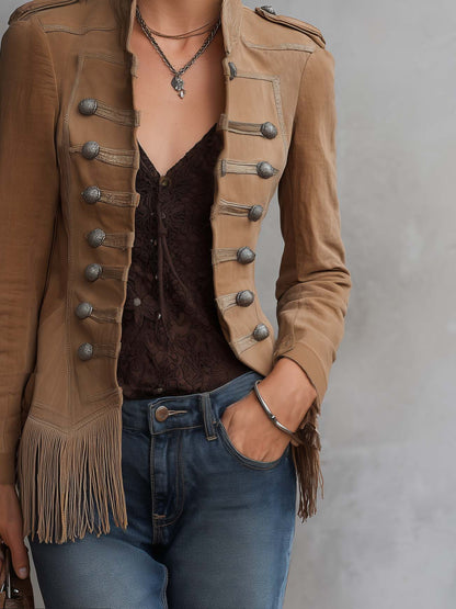 Western Vintage Camel Suede Fringe Hem Military Button Stand Collar Jacket Women