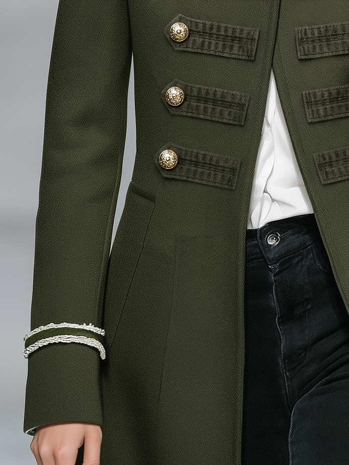 Vintage-style Casual Green Stand-collar Tweed Coat With A Military-inspired Look