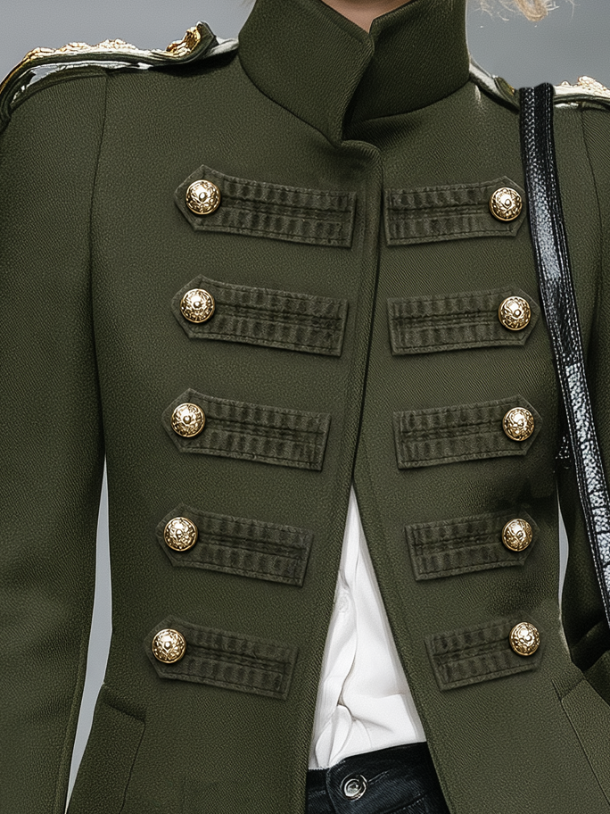 Vintage-style Casual Green Stand-collar Tweed Coat With A Military-inspired Look