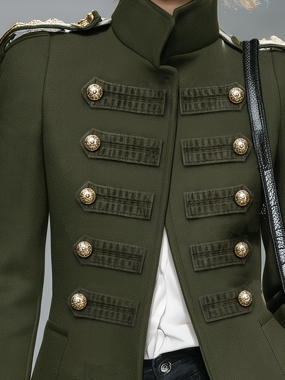 Vintage-style Casual Green Stand-collar Tweed Coat With A Military-inspired Look