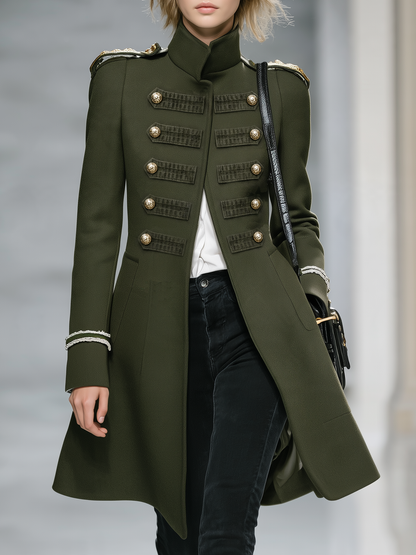 Vintage-style Casual Green Stand-collar Tweed Coat With A Military-inspired Look