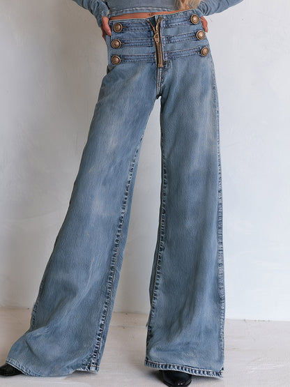 Casual Ribbon-detail Button-fly Blue Straight-leg Jeans