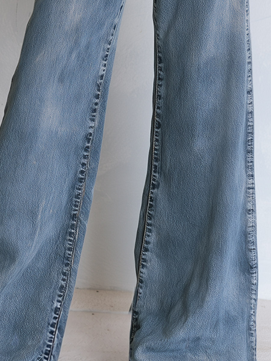 Casual Ribbon-detail Button-fly Blue Straight-leg Jeans