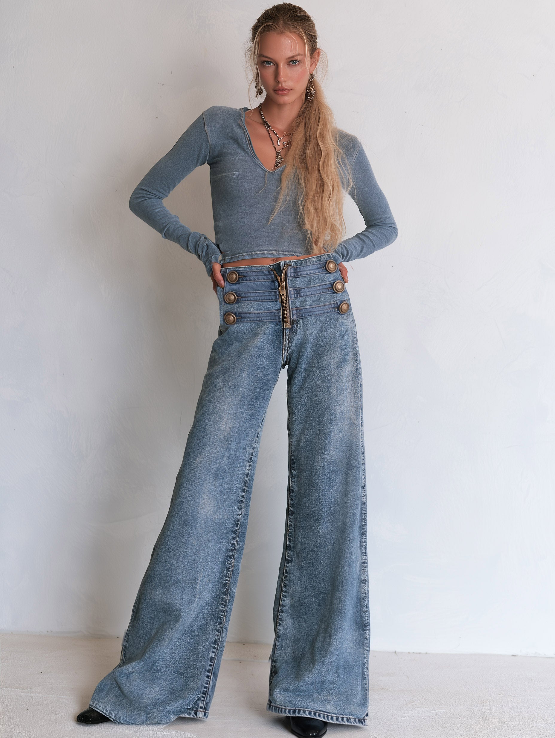 Casual Ribbon-detail Button-fly Blue Straight-leg Jeans
