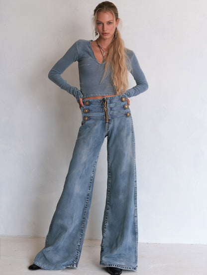 Casual Ribbon-detail Button-fly Blue Straight-leg Jeans