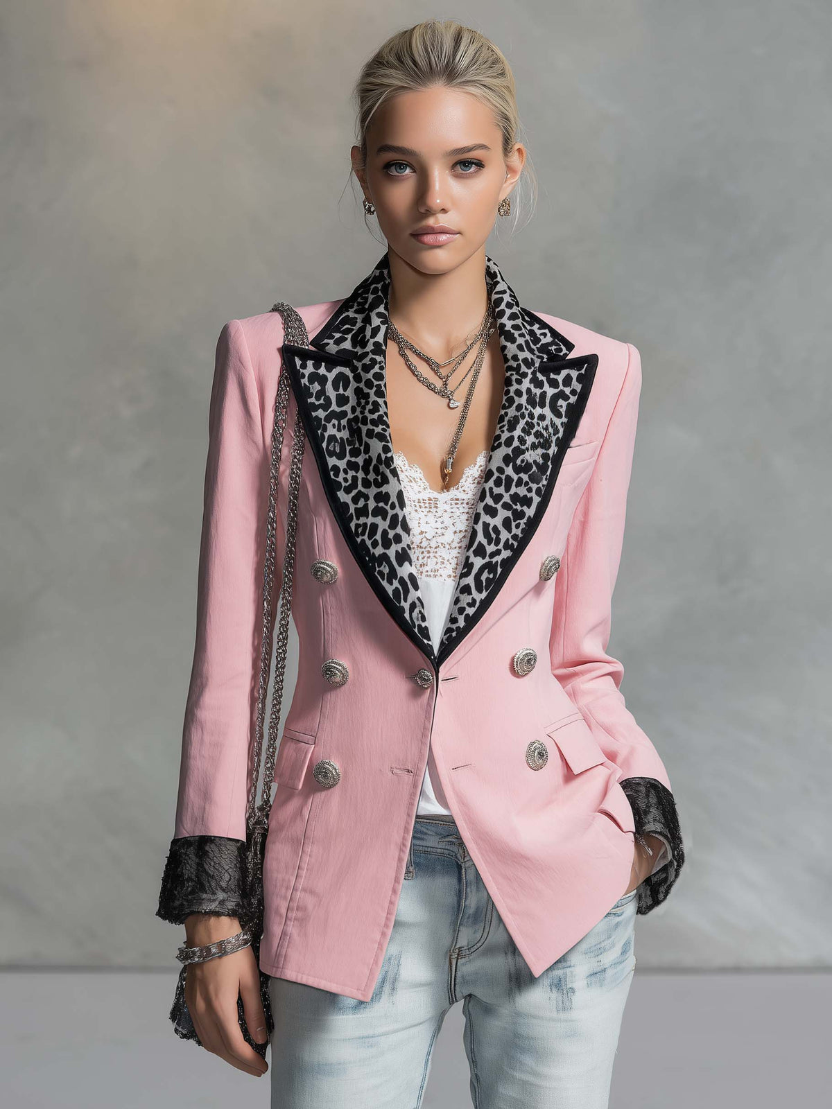 Fashion Retro Leopard-print Peak Lapels Light Pink Blazer