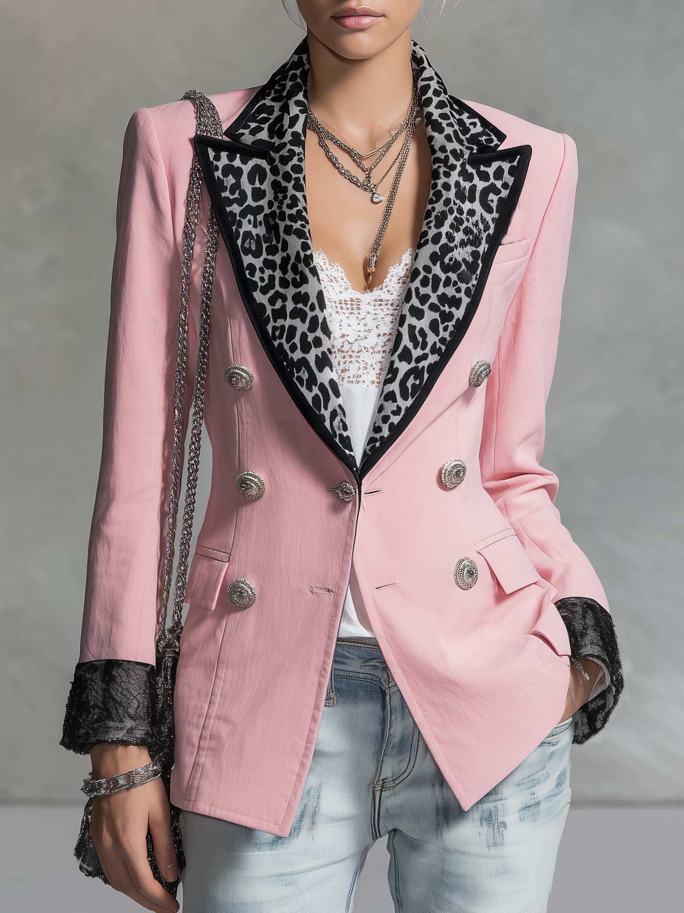 Fashion Retro Leopard-print Peak Lapels Light Pink Blazer