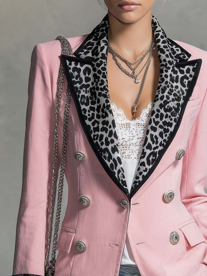 Fashion Retro Leopard-print Peak Lapels Light Pink Blazer