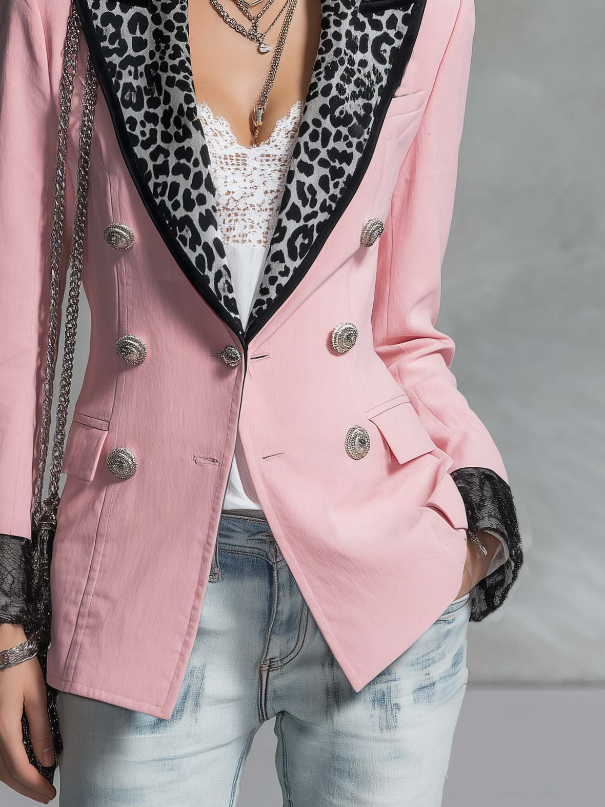 Fashion Retro Leopard-print Peak Lapels Light Pink Blazer