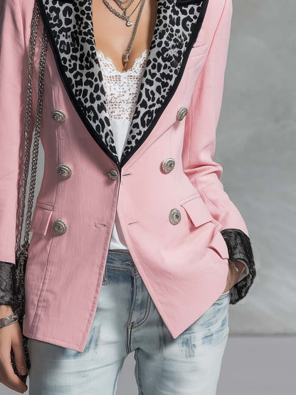 Fashion Retro Leopard-print Peak Lapels Light Pink Blazer