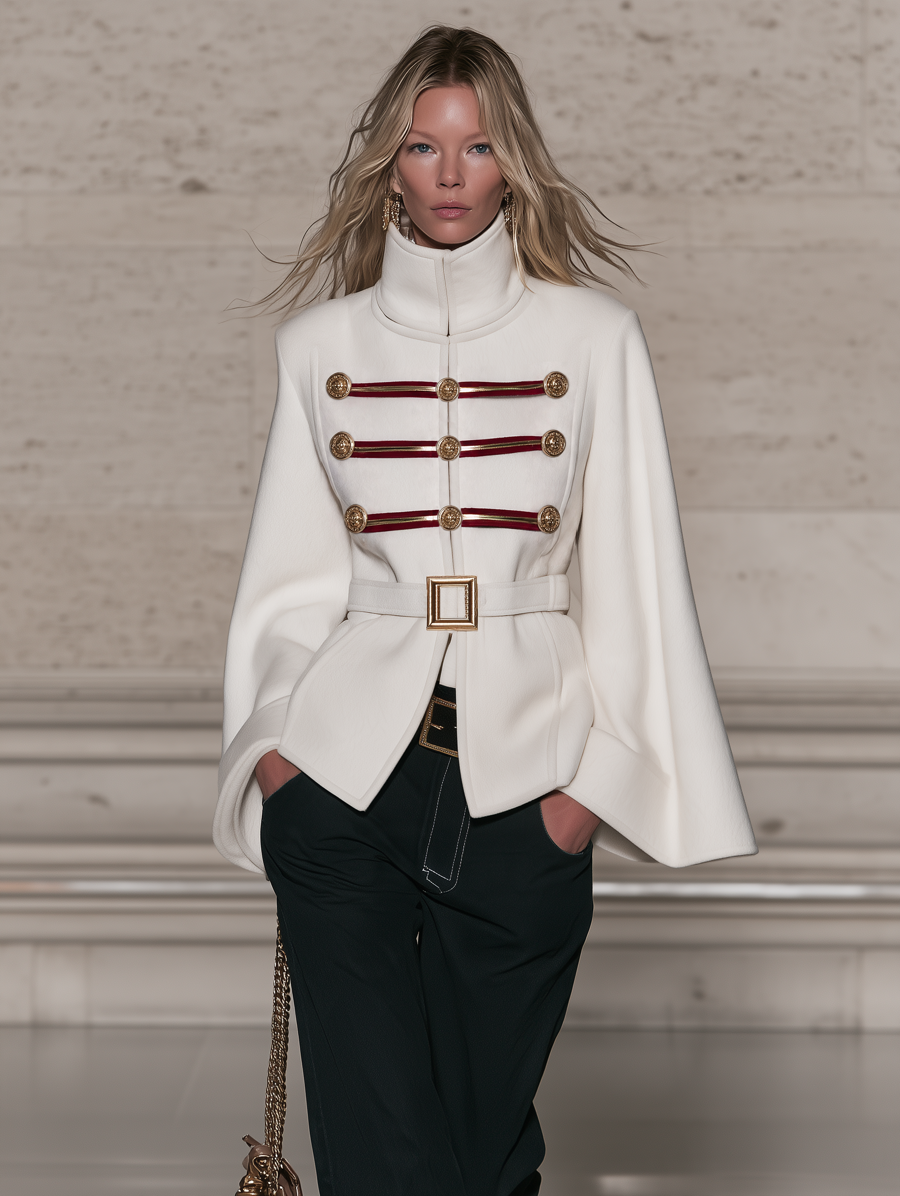 Vintage Military-style Tweed Short Coat With Bell Sleeves