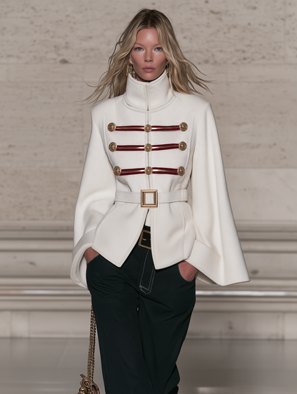 Vintage Military-style Tweed Short Coat With Bell Sleeves