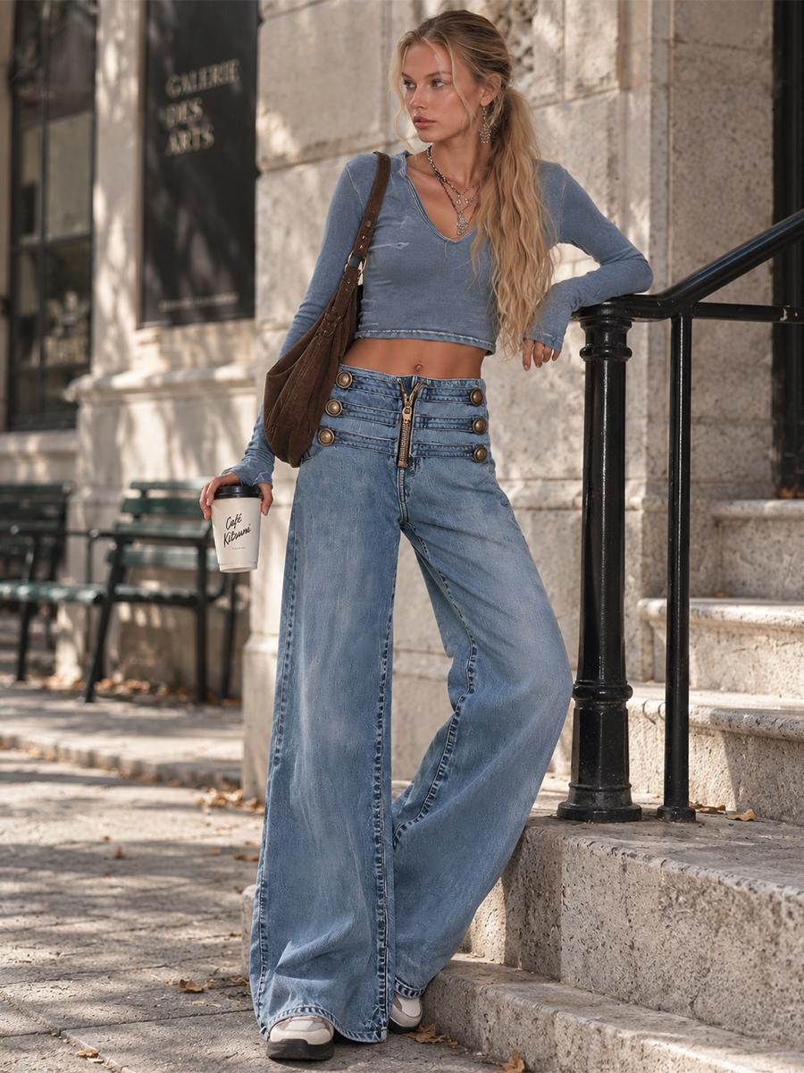 Casual Ribbon-detail Button-fly Blue Straight-leg Jeans