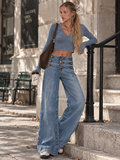 Casual Ribbon-detail Button-fly Blue Straight-leg Jeans