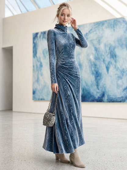 Retro Elegant Blue Snake-Print Turtleneck Ruched Velvet Maxi Dress