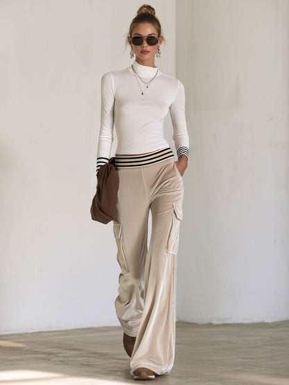 Casual And Simple High-neck White Striped T-shirt And Velvet Cargo Pants Set