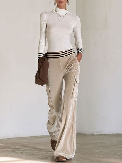 Casual And Simple High-neck White Striped T-shirt And Velvet Cargo Pants Set