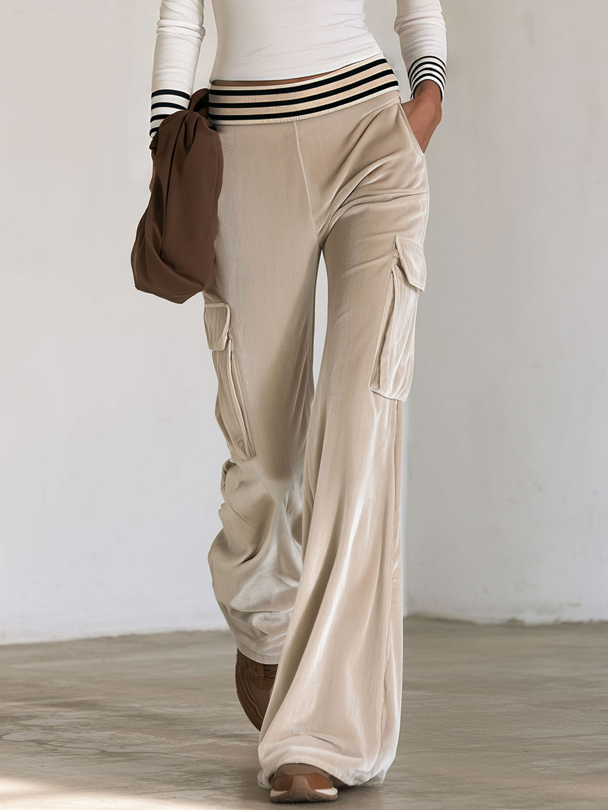 Casual And Simple High-neck White Striped T-shirt And Velvet Cargo Pants Set