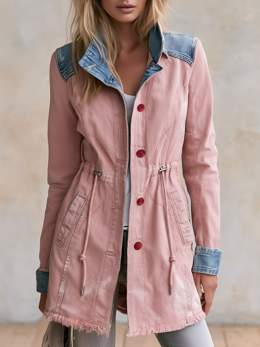 Women’s Pink Longline Denim Jacket With Drawstring Waist