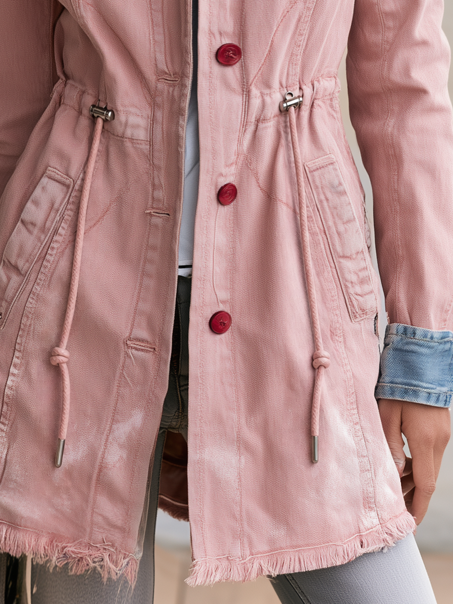 Women’s Pink Longline Denim Jacket With Drawstring Waist