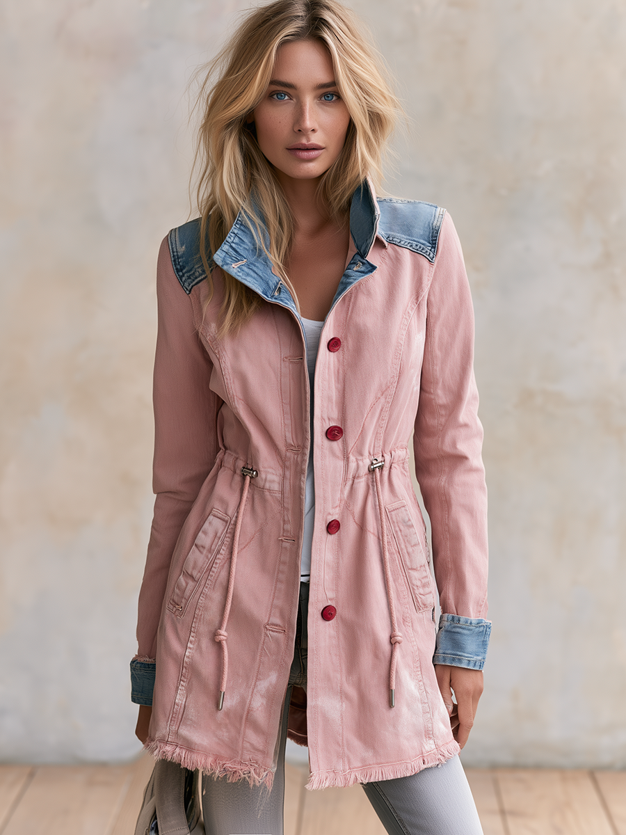 Women’s Pink Longline Denim Jacket With Drawstring Waist