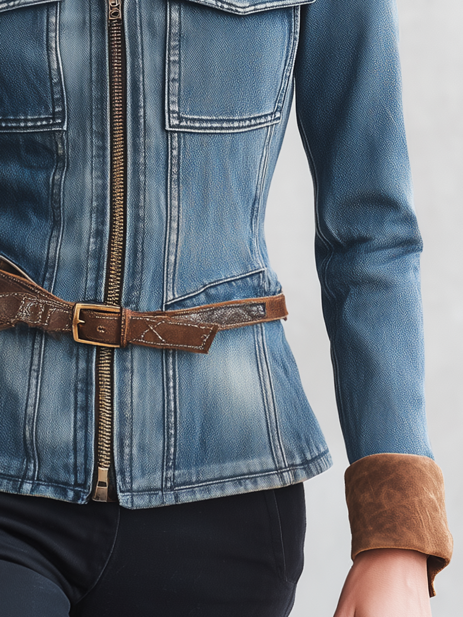 Women’s Fitted Denim Moto Jacket With Suede Trim