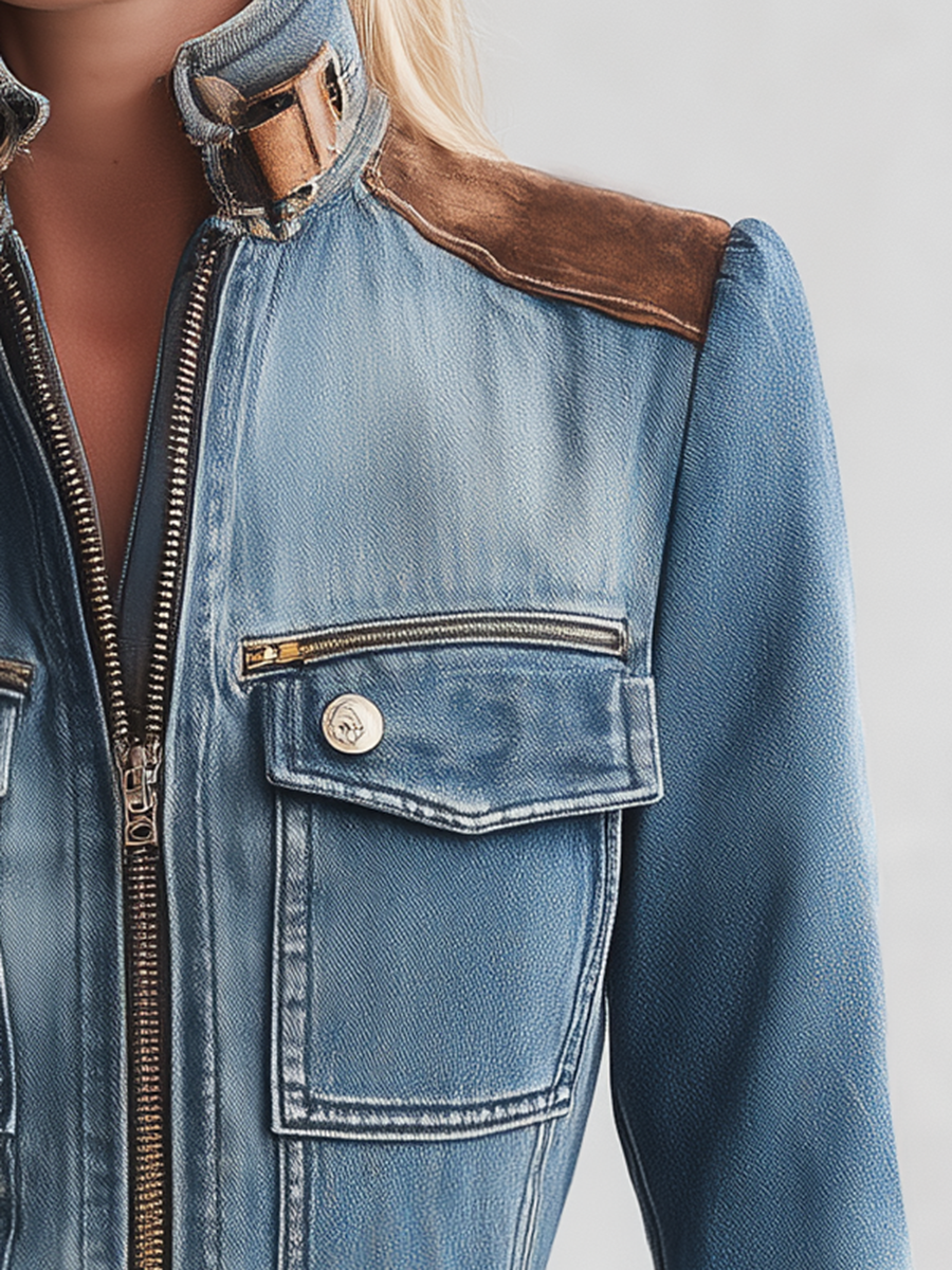 Women’s Fitted Denim Moto Jacket With Suede Trim