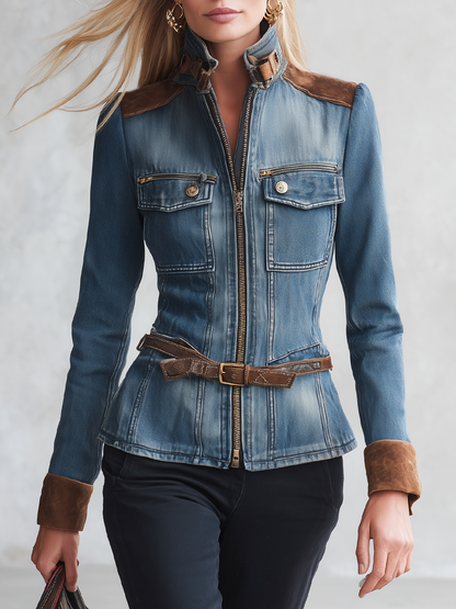 Women’s Fitted Denim Moto Jacket With Suede Trim