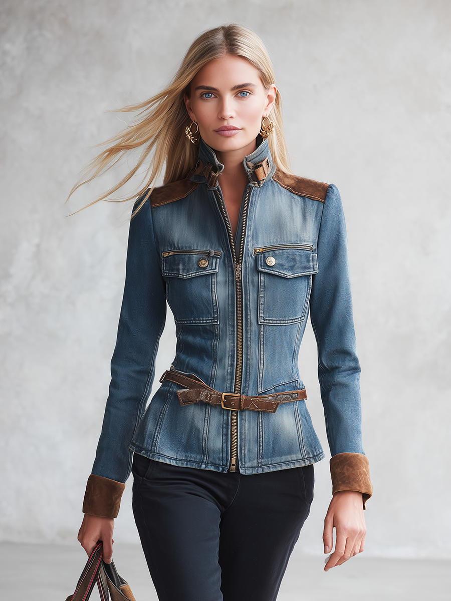 Women’s Fitted Denim Moto Jacket With Suede Trim