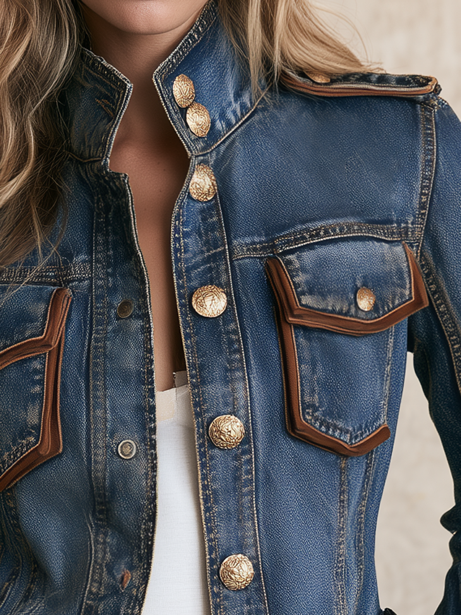 Women’s Western Utility Denim Jacket With Gold Buttons