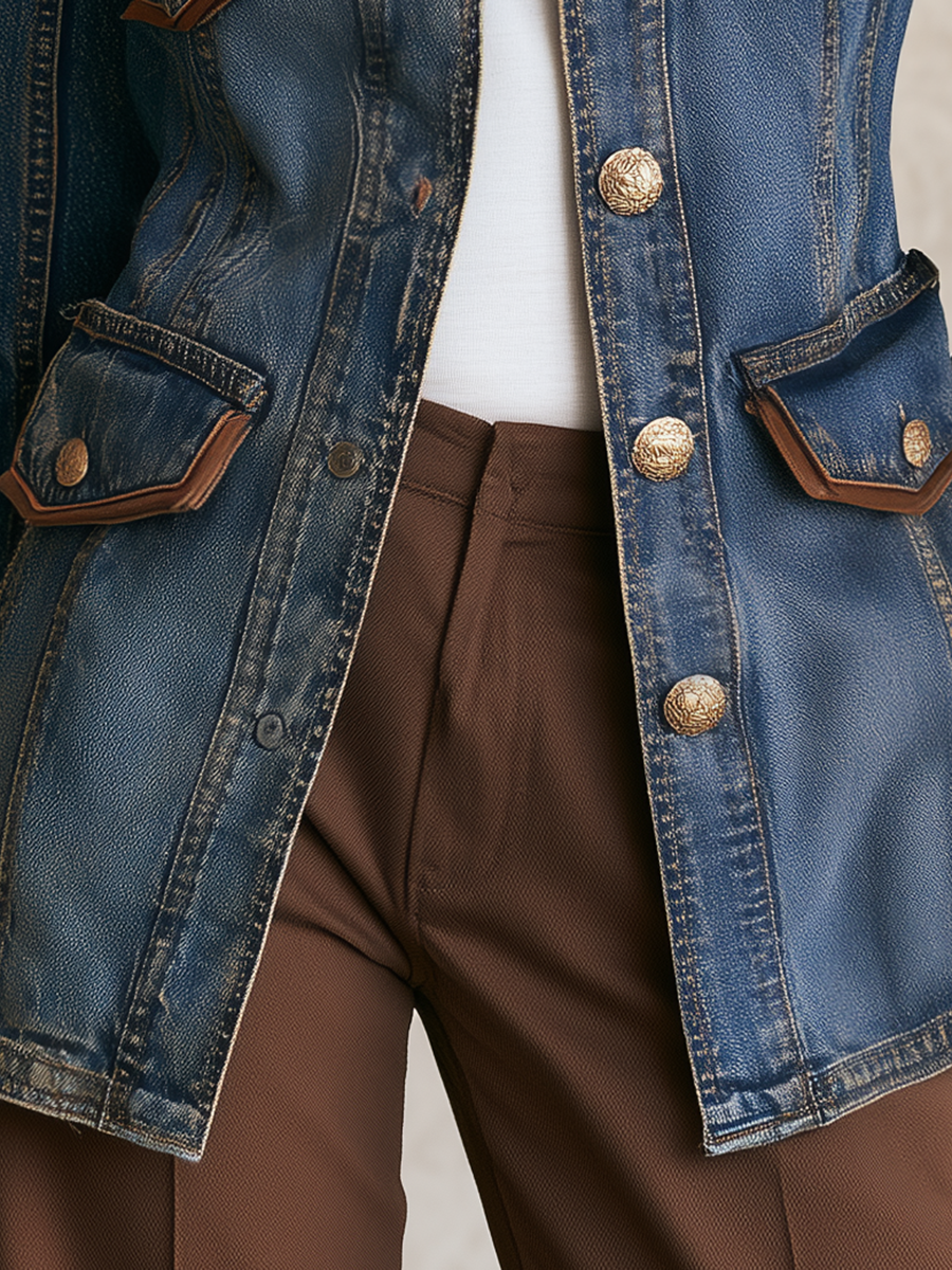Women’s Western Utility Denim Jacket With Gold Buttons