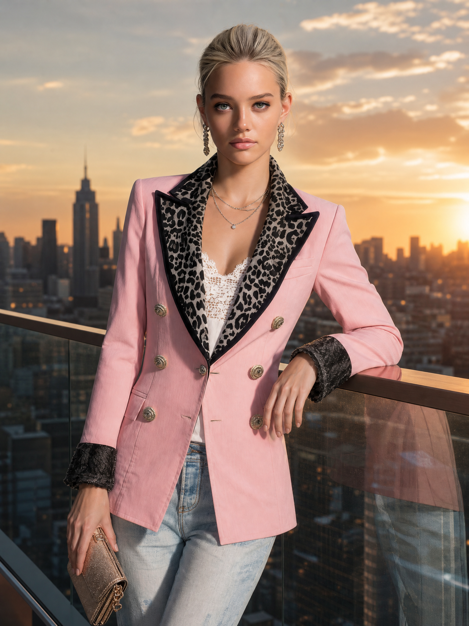Fashion Retro Leopard-print Peak Lapels Light Pink Blazer