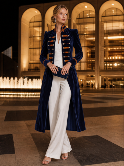 Retro-casual Military-style Color-block Velvet Coat