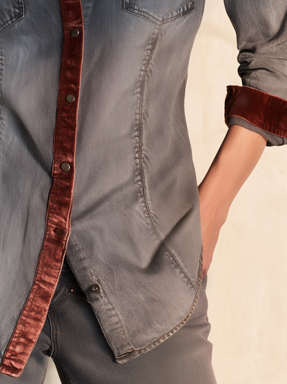 Women’s Ombre Western Denim Shirt With Velvet Trim