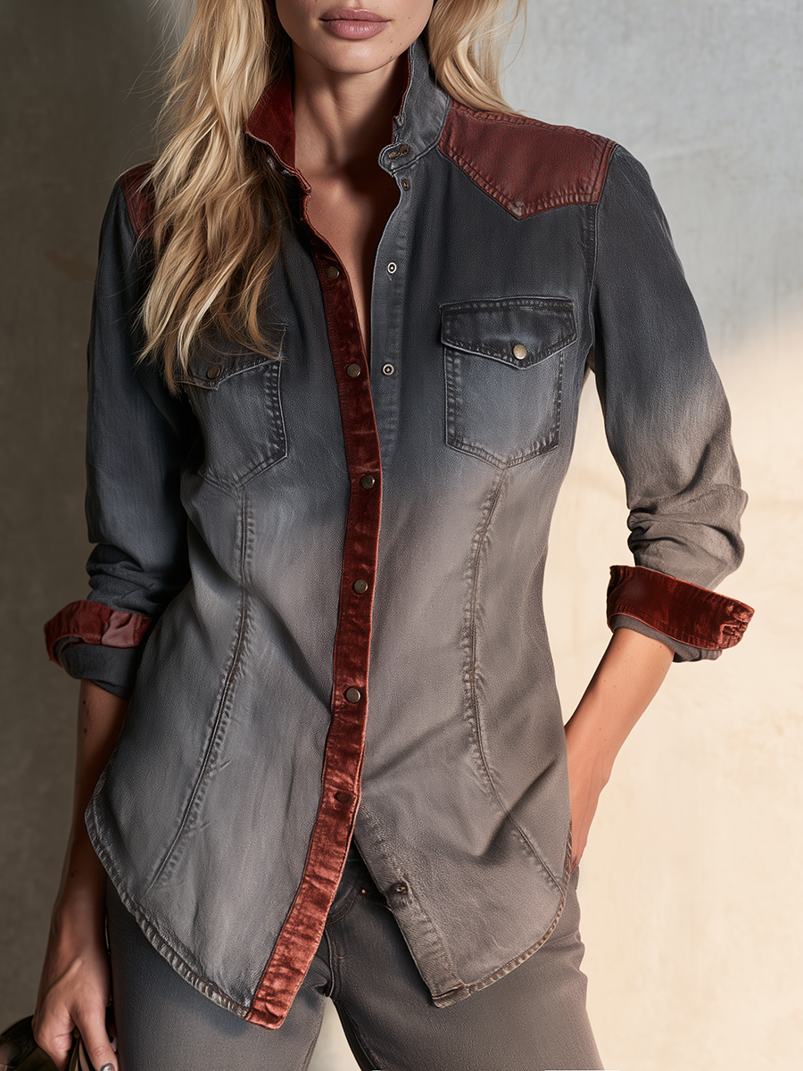 Women’s Ombre Western Denim Shirt With Velvet Trim