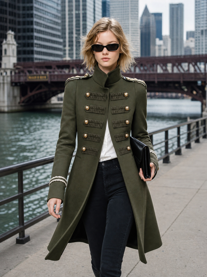 Vintage-style Casual Green Stand-collar Tweed Coat With A Military-inspired Look