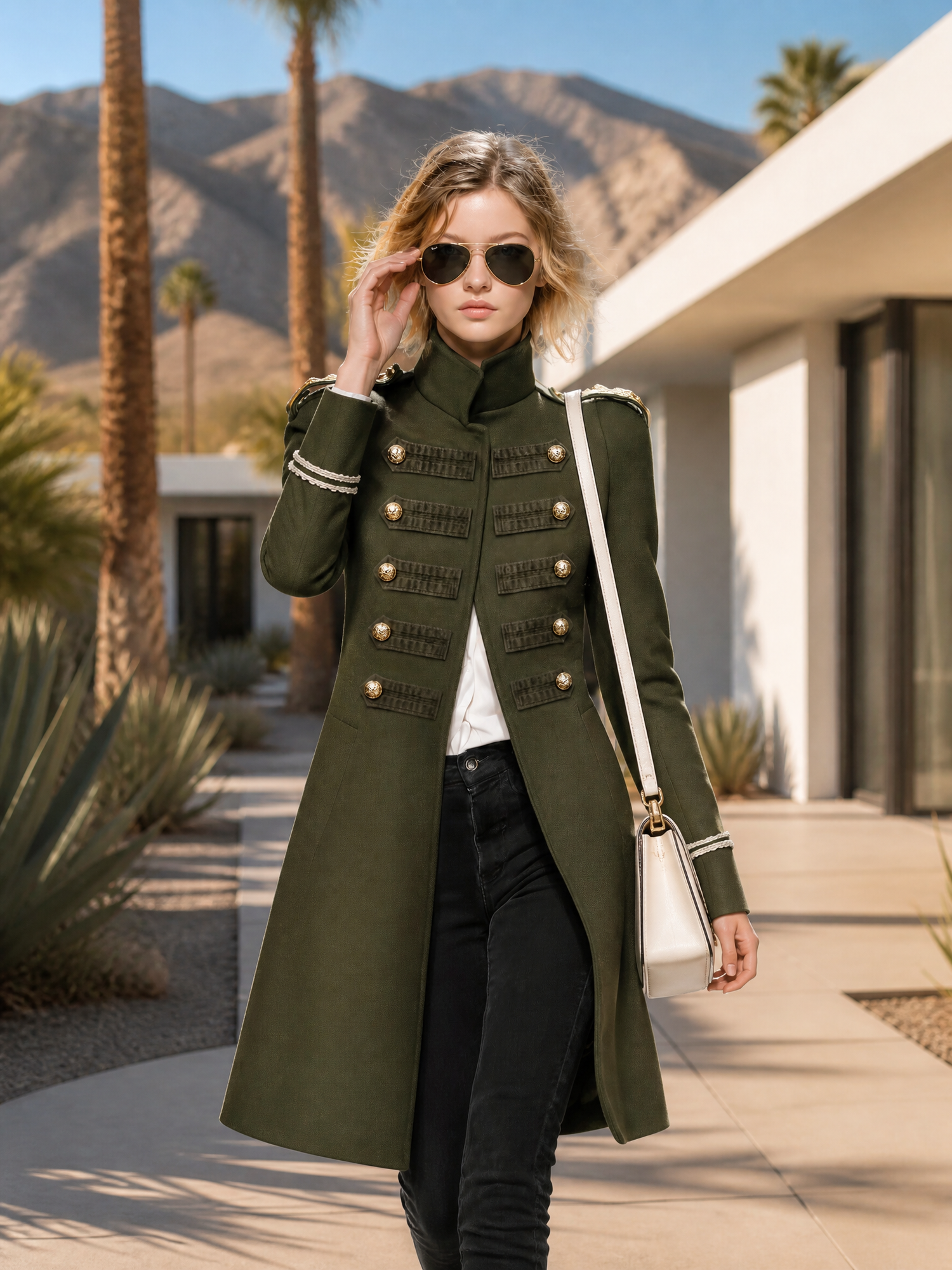 Vintage-style Casual Green Stand-collar Tweed Coat With A Military-inspired Look
