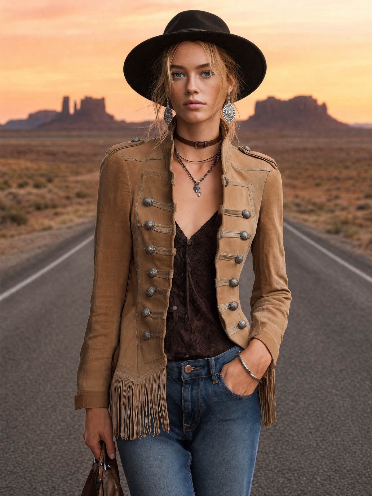 Western Vintage Camel Suede Fringe Hem Military Button Stand Collar Jacket Women