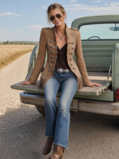 Western Vintage Camel Suede Fringe Hem Military Button Stand Collar Jacket Women
