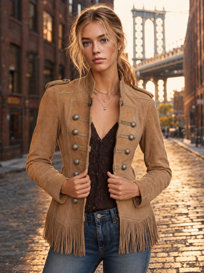 Western Vintage Camel Suede Fringe Hem Military Button Stand Collar Jacket Women