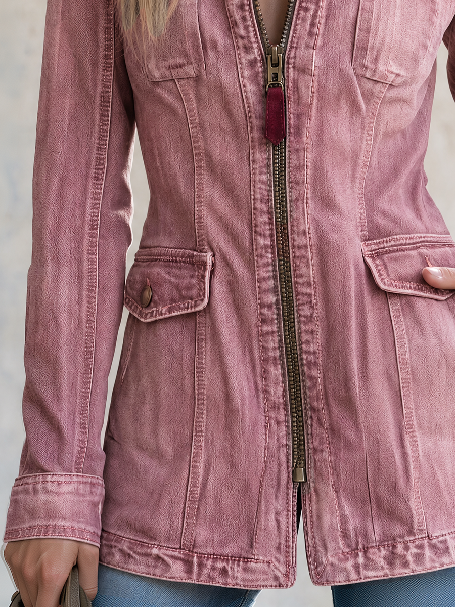 Women’s Pink Fitted Denim Jacket With Stand Collar