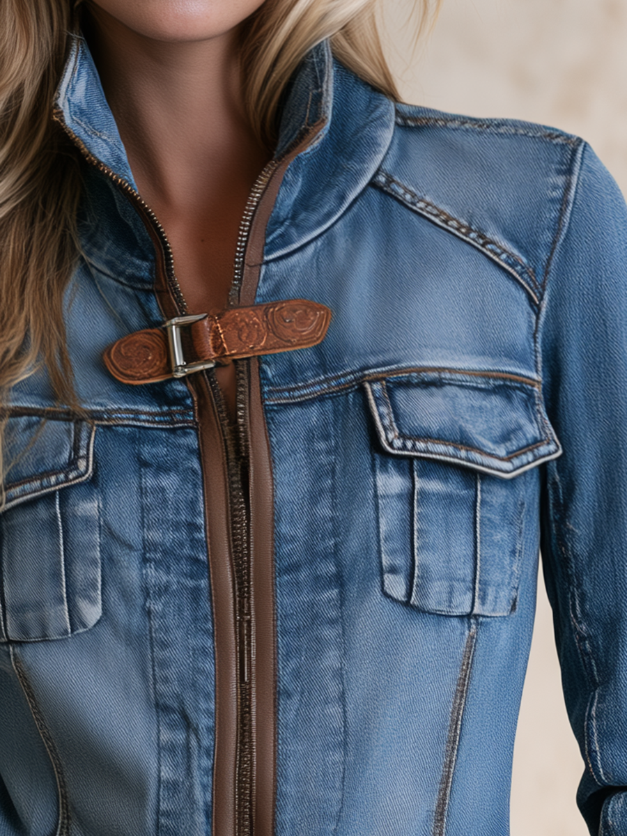 Women’s Fitted Denim Moto Jacket With Suede Trim