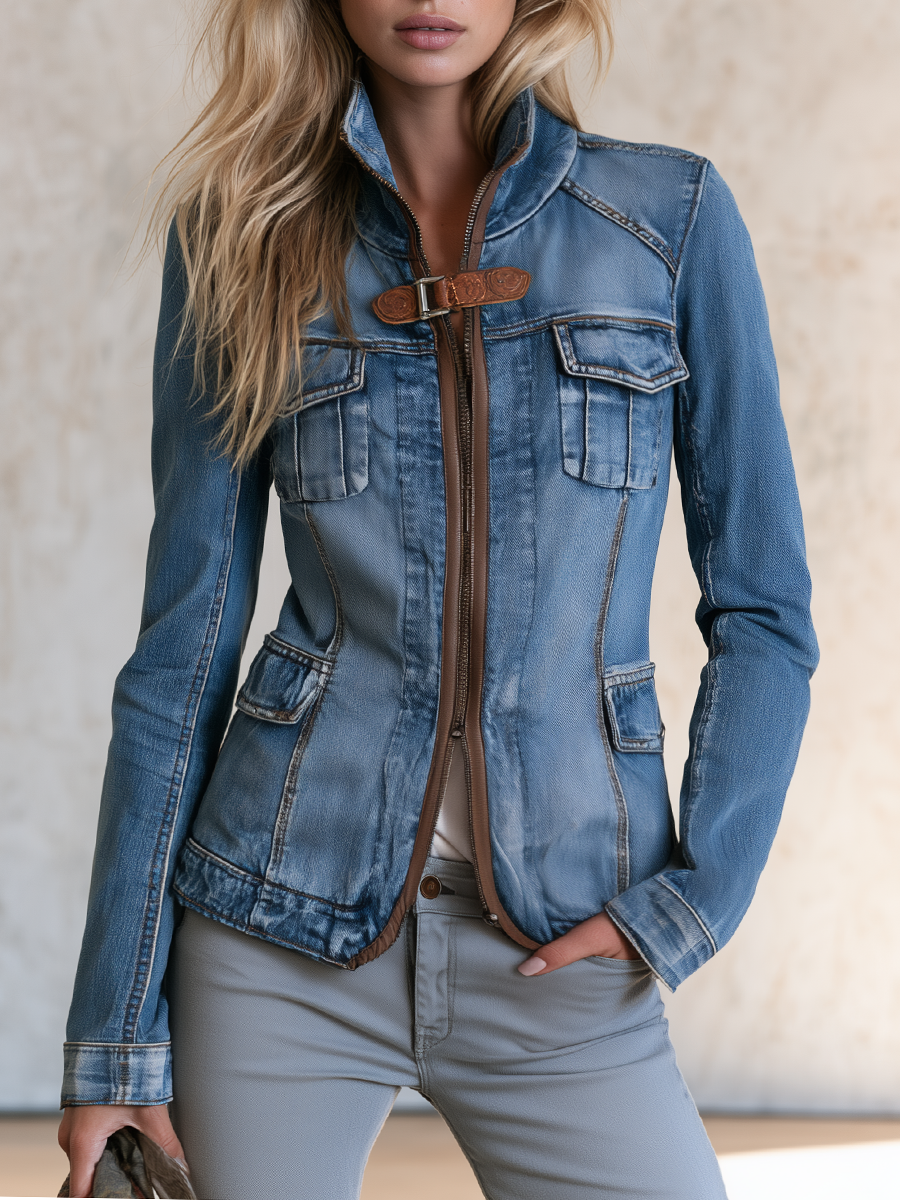 Women’s Fitted Denim Moto Jacket With Suede Trim