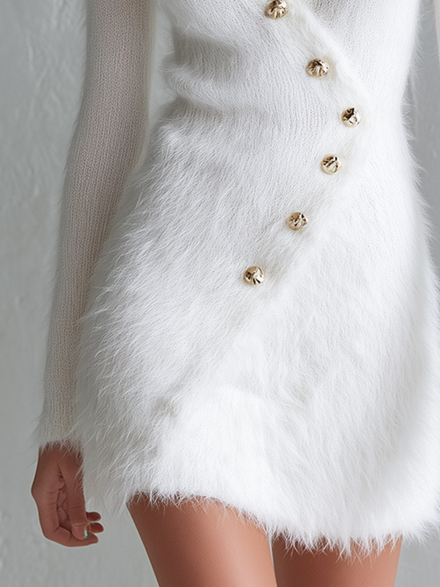 Classic White V-Neck Long-Pile Knit Wrap Mini Dress